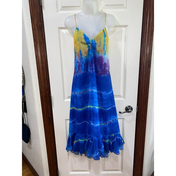 Betsey Johnson Multicolor Blue Yellow Tie-Dye Midi Dress 8 Polyester Womens Back - Picture 9 of 11